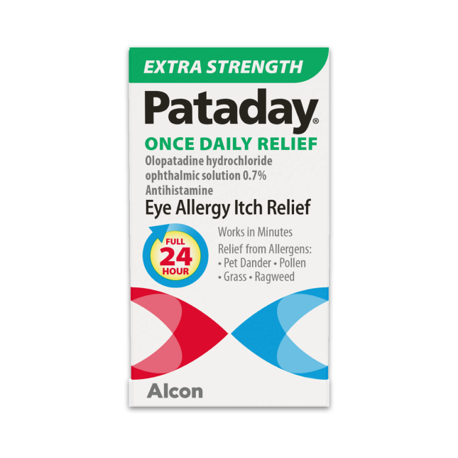 Product box for Extra Strength Pataday (0.7%) eye allergy itch relief drops by Alcon