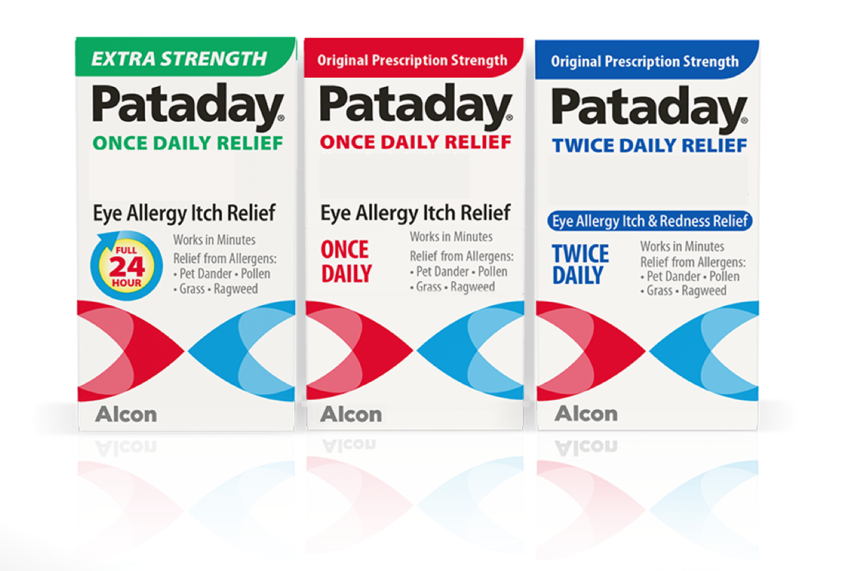 Product boxes for Extra Strength Pataday, Pataday Once Daily Relief, and Pataday Twice Daily Relief eye allergy itch relief drops by Alcon