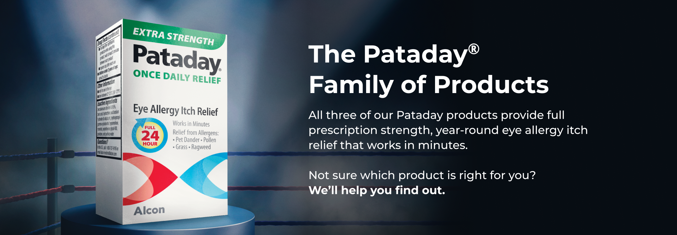 Extra Strength Pataday product box sitting on top of a stool in the corner of a boxing ring with blue and red ropes in the background