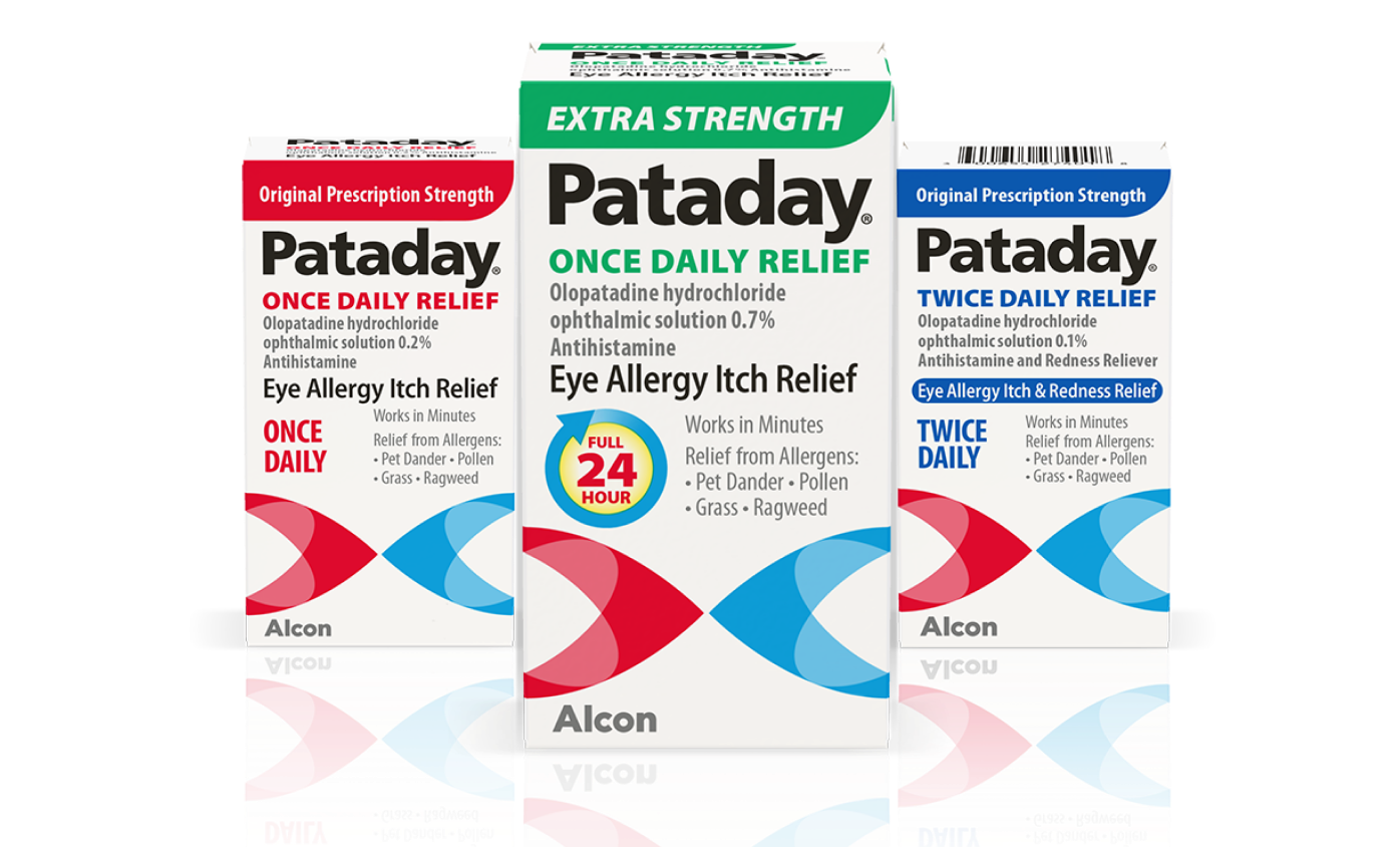 Product boxes for Pataday Once Daily Relief, Extra Strength Paday, and Pataday Twice Daily Relief allergy eye drops by Alcon