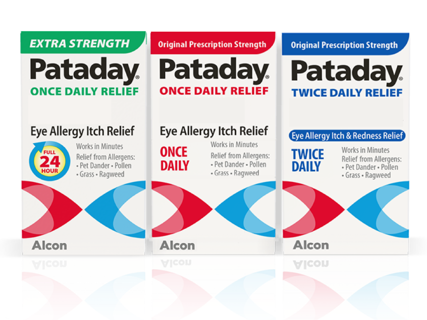 Product boxes for Extra Strength Pataday, Pataday Once Daily Relief, and Pataday Twice Daily Relief eye allergy itch relief drops by Alcon